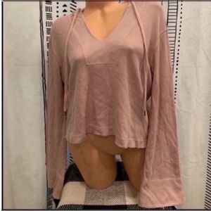 Splendid Pink Beige Waffle Knit V-Neck Pullover Hoodie